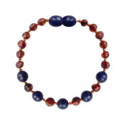 Amberos Barnsteen armband baby/peuter cognac – lapis lazuli