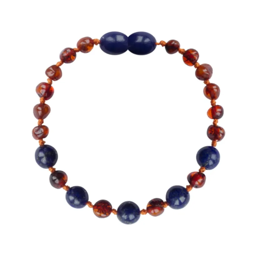 Amberos Barnsteen armband baby/peuter cognac – lapis lazuli